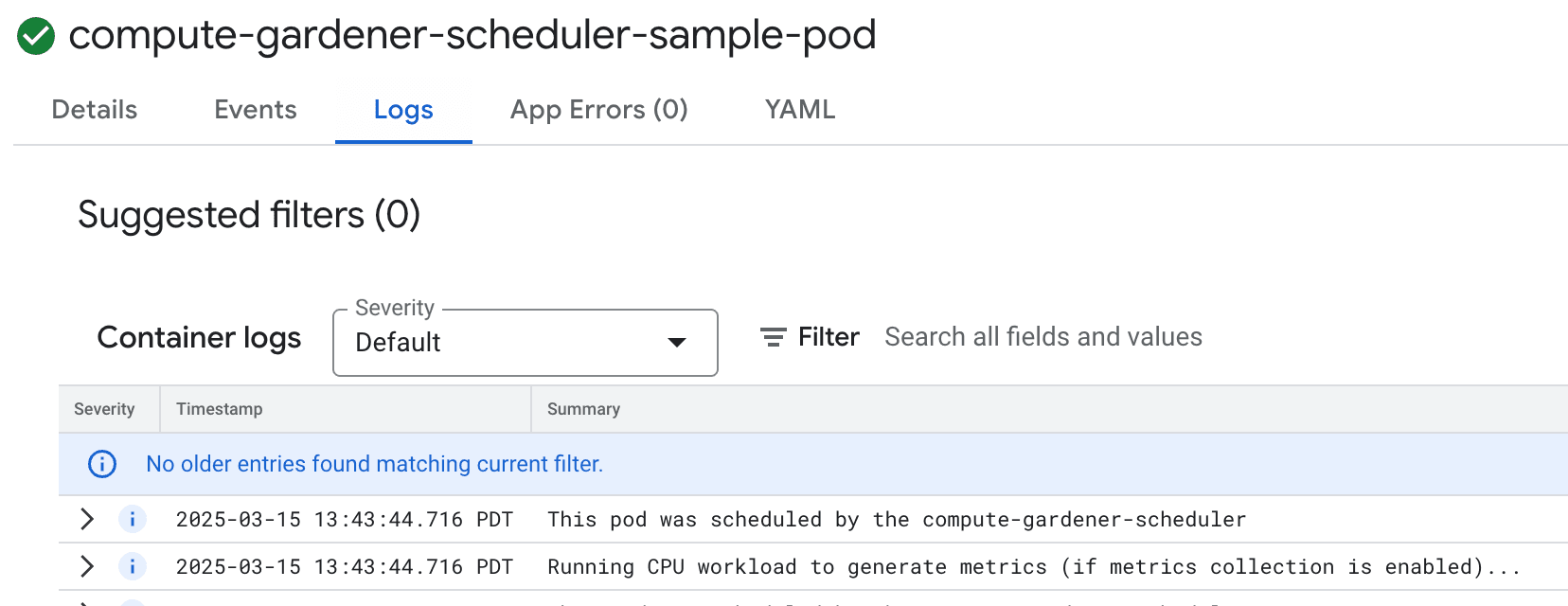 Kubernetes pod logs for a compute-gardener-scheduler sample pod running on GKE, showing energy tracking metrics and scheduling decisions